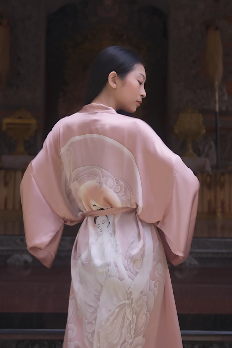 Silk long kimono with GODDESS OF BALI motif