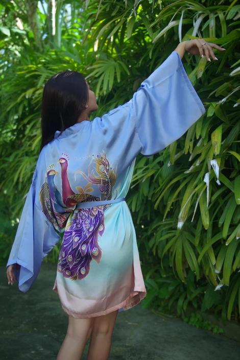 Silk short kimono with PEACOCK motif